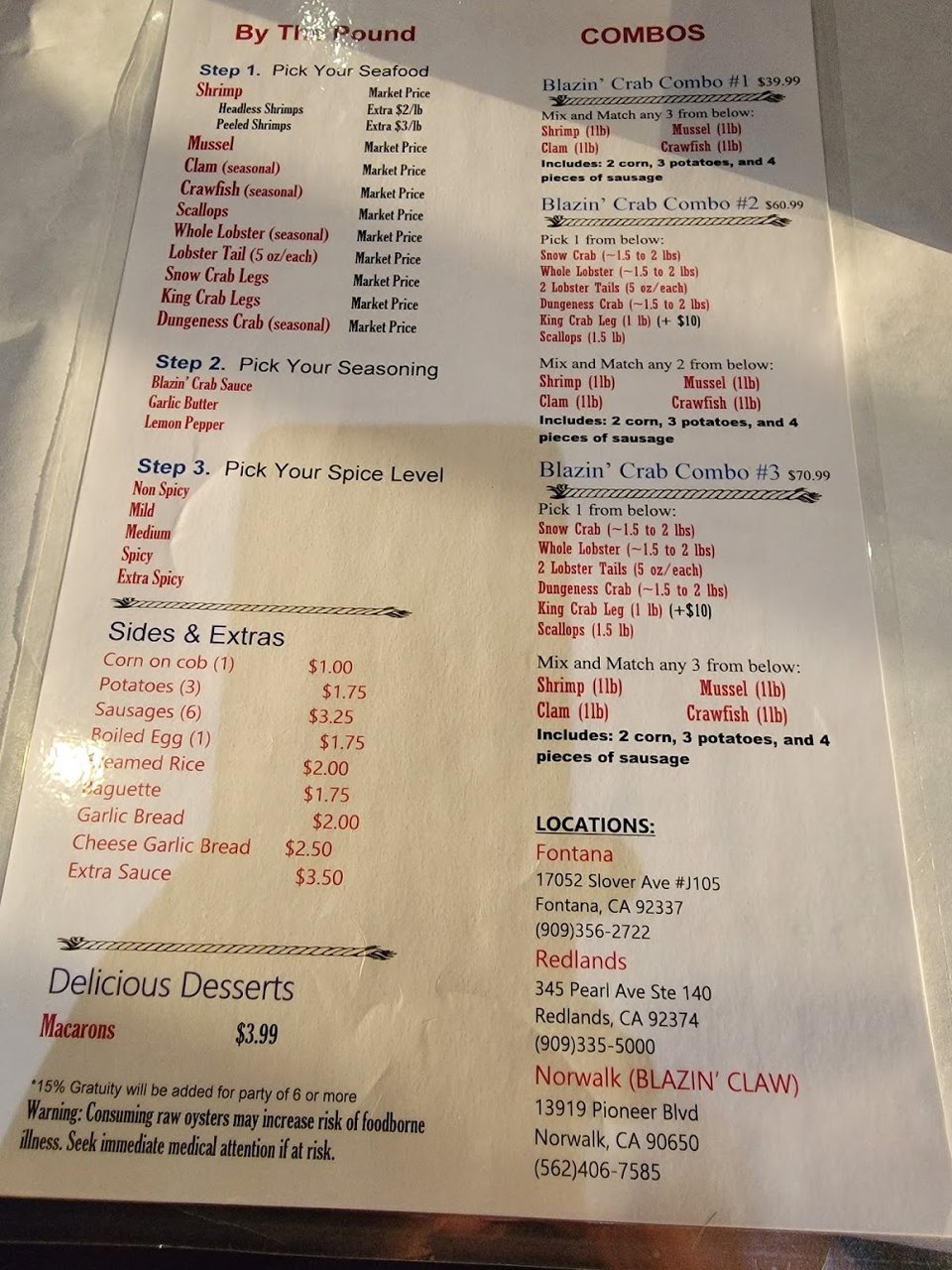 Menu page listing starters, sides, and desserts.